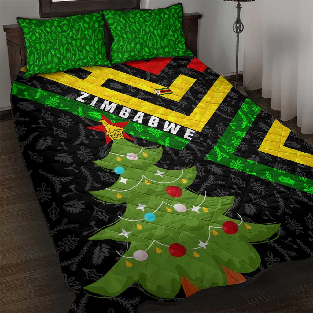 Zimbabwe Christmas Quilt Bed Set Flag Colors Xmas Tree and Holiday - African Pride
