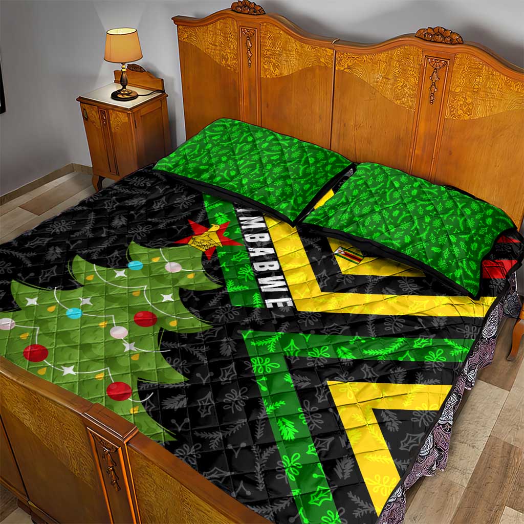 Zimbabwe Christmas Quilt Bed Set Flag Colors Xmas Tree and Holiday - African Pride