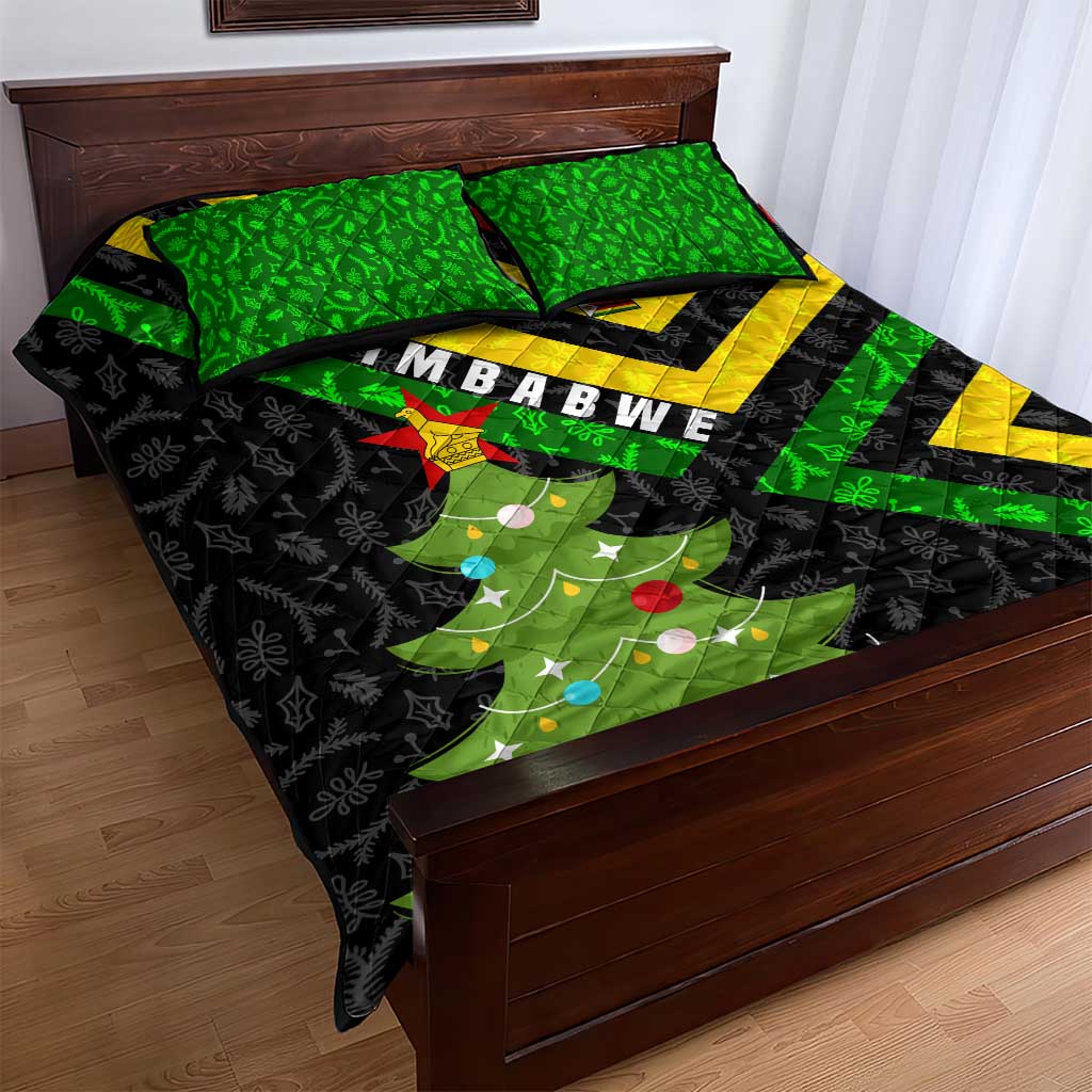 Zimbabwe Christmas Quilt Bed Set Flag Colors Xmas Tree and Holiday - African Pride