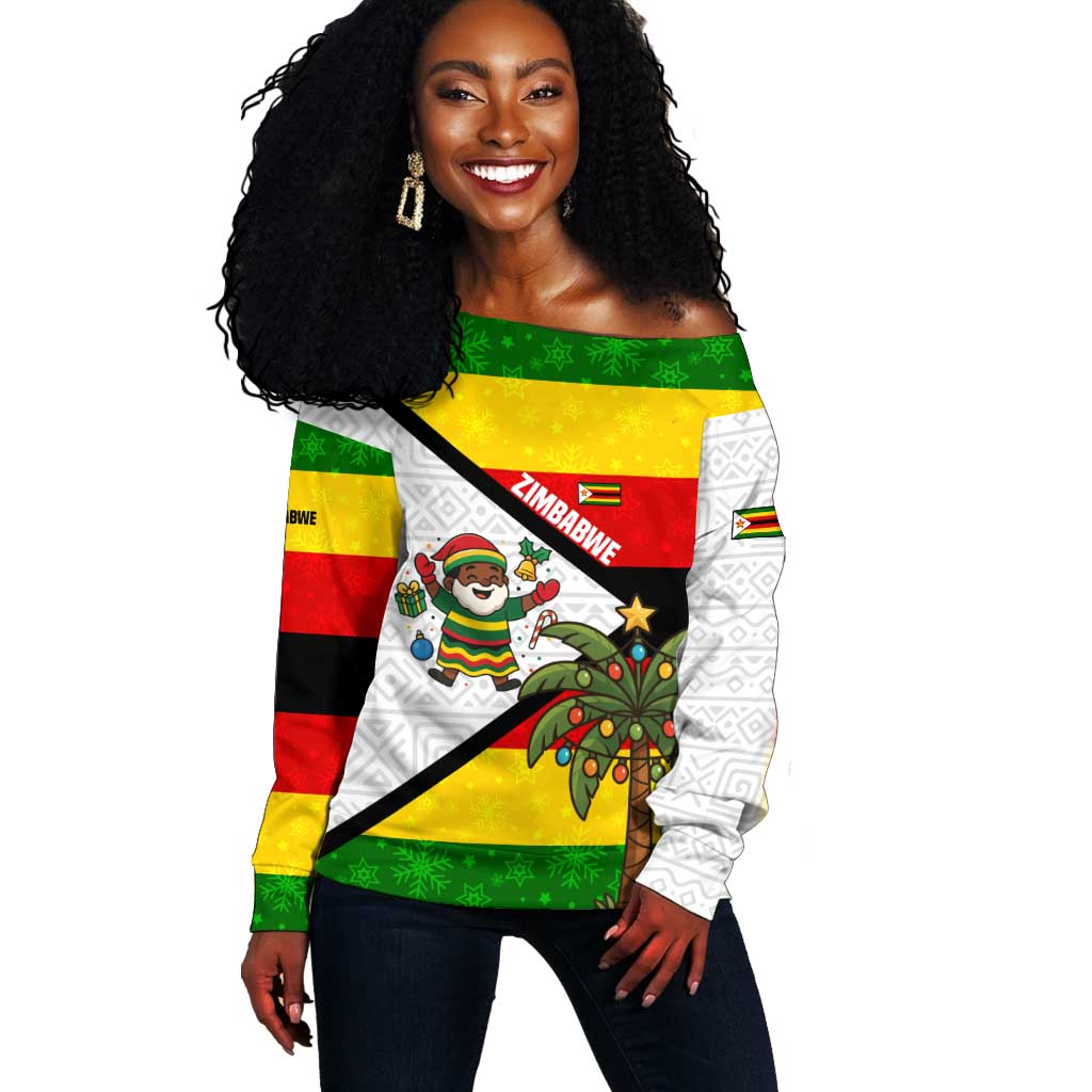 Zimbabwe Christmas Off Shoulder Sweater Festive Santa Palm Tree and Red Yellow Green Flag - African Pride