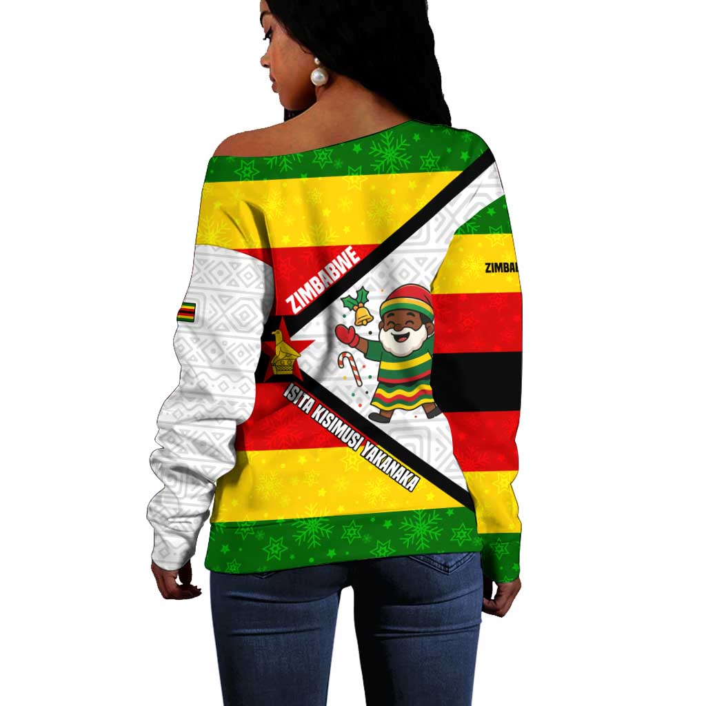 Zimbabwe Christmas Off Shoulder Sweater Festive Santa Palm Tree and Red Yellow Green Flag - African Pride