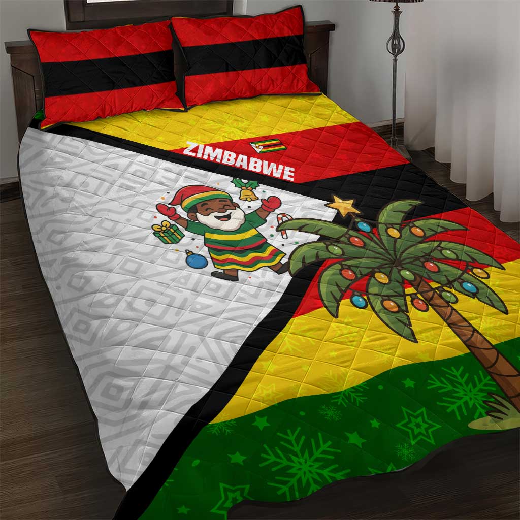 Zimbabwe Christmas Quilt Bed Set Festive Santa Palm Tree and Red Yellow Green Flag - African Pride
