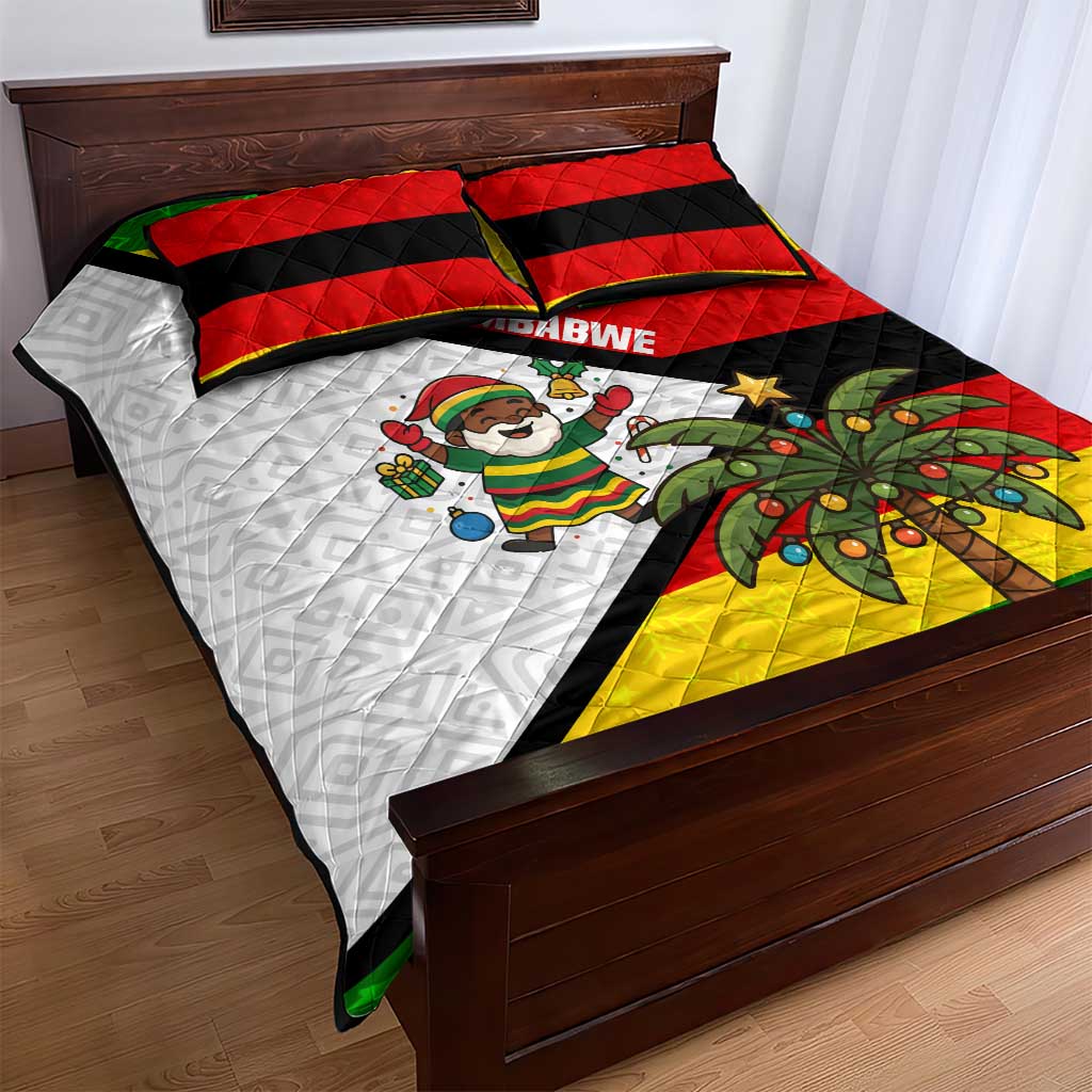 Zimbabwe Christmas Quilt Bed Set Festive Santa Palm Tree and Red Yellow Green Flag - African Pride