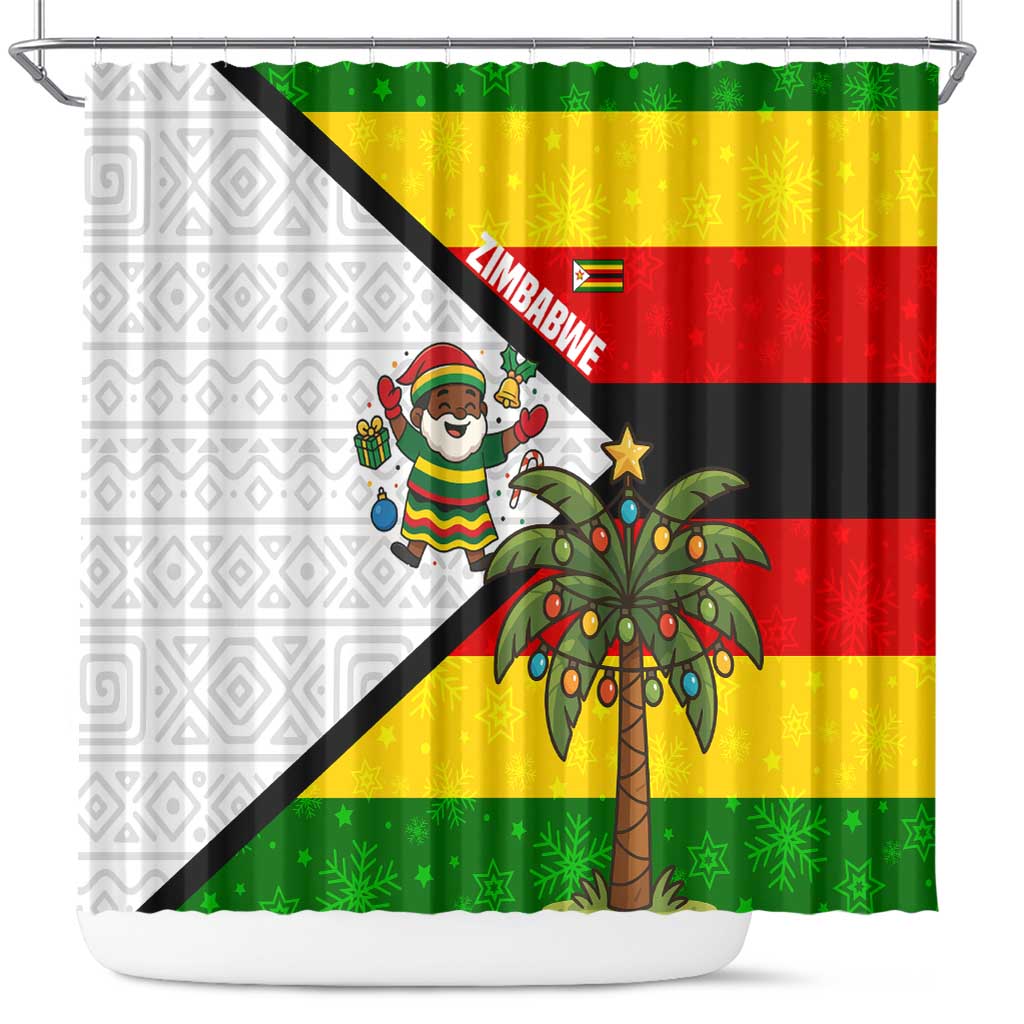 Zimbabwe Christmas Shower Curtain Festive Santa Palm Tree and Red Yellow Green Flag - African Pride