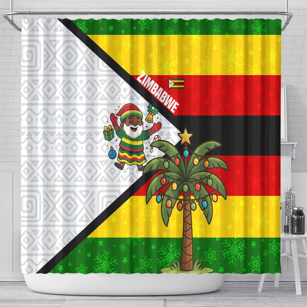Zimbabwe Christmas Shower Curtain Festive Santa Palm Tree and Red Yellow Green Flag - African Pride