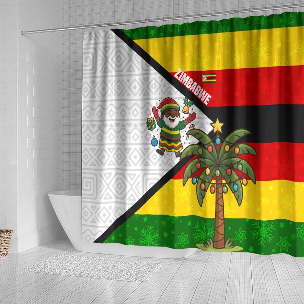 Zimbabwe Christmas Shower Curtain Festive Santa Palm Tree and Red Yellow Green Flag - African Pride
