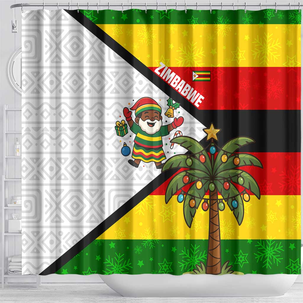 Zimbabwe Christmas Shower Curtain Festive Santa Palm Tree and Red Yellow Green Flag - African Pride