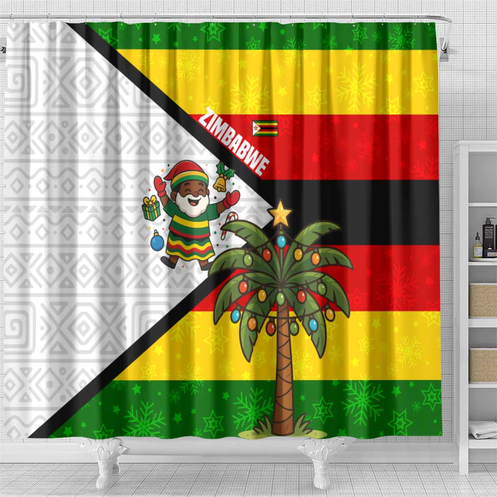 Zimbabwe Christmas Shower Curtain Festive Santa Palm Tree and Red Yellow Green Flag - African Pride