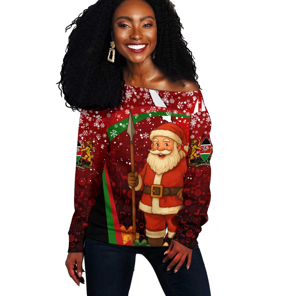 Kenya Christmas Off Shoulder Sweater Santa Claus Spear and Red Green Harambee Crest - African Pride