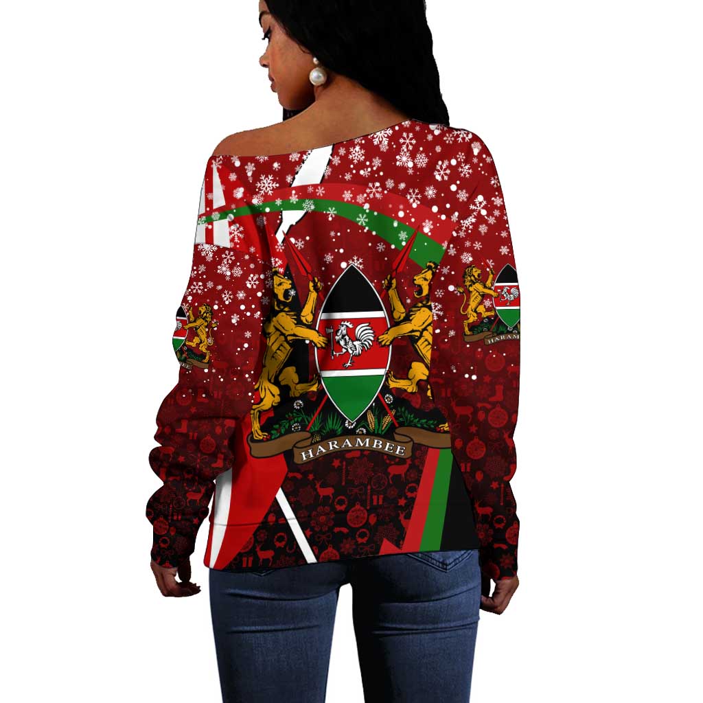 Kenya Christmas Off Shoulder Sweater Santa Claus Spear and Red Green Harambee Crest - African Pride