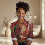 Kenya Christmas Women Casual Shirt Santa Claus Spear and Red Green Harambee Crest - African Pride