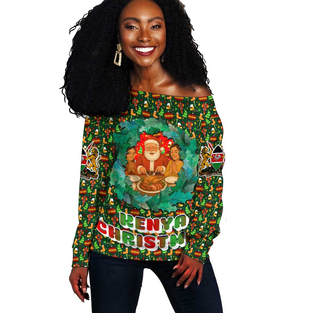 Kenya Christmas Off Shoulder Sweater Santa Feast Scene and Festive Wreath Pattern - African Pride