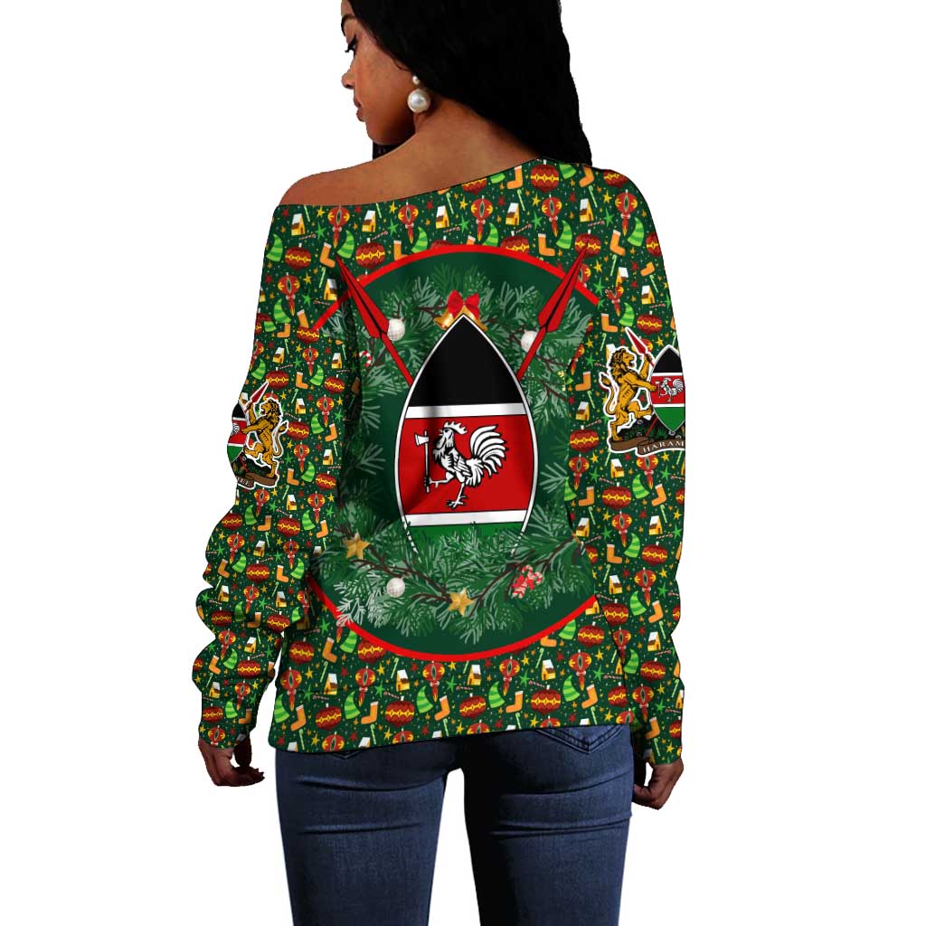 Kenya Christmas Off Shoulder Sweater Santa Feast Scene and Festive Wreath Pattern - African Pride