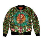 Kenya Christmas Sleeve Zip Bomber Jacket Santa Feast Scene and Festive Wreath Pattern - African Pride