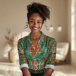 Kenya Christmas Women Casual Shirt Santa Feast Scene and Festive Wreath Pattern - African Pride