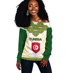 Tunisia Flag Off Shoulder Sweater with National Crest and Emblem