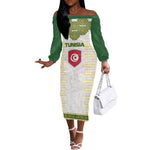 Tunisia Flag Off The Shoulder Long Sleeve Dress with National Crest and Emblem