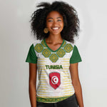 Tunisia Flag Women V-Neck T-Shirt with National Crest and Emblem