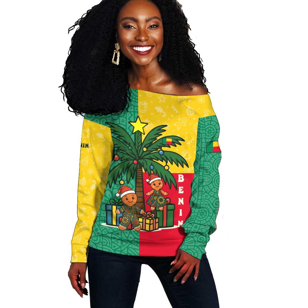Benin Christmas Off Shoulder Sweater Palm Tree Dolls and Red Yellow Green Festive - African Pride