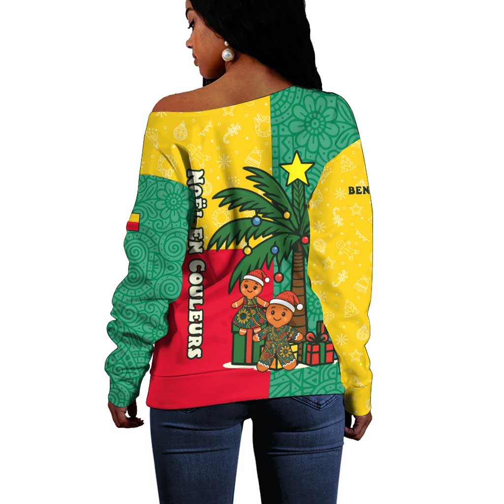Benin Christmas Off Shoulder Sweater Palm Tree Dolls and Red Yellow Green Festive - African Pride