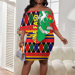 Burkina Faso Off Shoulder Short Dress Kente Flag Red Green Blue Geometric - African Pride