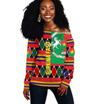 Burkina Faso Off Shoulder Sweater Kente Flag Red Green Blue Geometric - African Pride