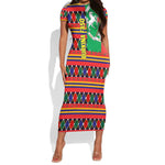 Burkina Faso Short Sleeve Bodycon Dress Kente Flag Red Green Blue Geometric - African Pride