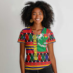 Burkina Faso Women V-Neck T-Shirt Kente Flag Red Green Blue Geometric - African Pride