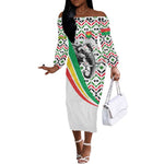 Burkina Faso Off The Shoulder Long Sleeve Dress Red Green Black Geometric - African Pride