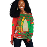 Burkina Faso Off Shoulder Sweater Tribal Design and Bobo Dioulasso Landmark - African Pride