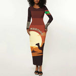 Mauritania Long Sleeve Bodycon Dress - Desert Sunset Camel Silhouette and Flag Accents TS04