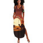 Mauritania Summer Maxi Dress - Desert Sunset Camel Silhouette and Flag Accents