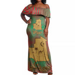 Mauritania Off Shoulder Maxi Dress - Desert Camel Crescent Moon and Palm Tree Graphic in Red Green Gold Pattern