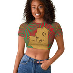 Mauritania Raglan Cropped T shirt - Desert Camel Crescent Moon and Palm Tree Graphic in Red Green Gold Pattern
