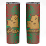 Mauritania Skinny Tumbler - Desert Camel Crescent Moon and Palm Tree Graphic in Red Green Gold Pattern