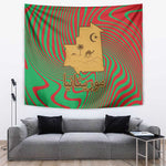 Mauritania Tapestry - Desert Camel Crescent Moon and Palm Tree Graphic in Red Green Gold Pattern