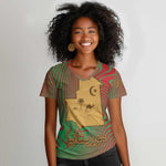 Mauritania Women V-Neck T-Shirt - Desert Camel Crescent Moon and Palm Tree Graphic in Red Green Gold Pattern