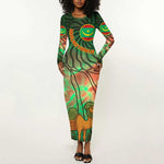 Mauritania Long Sleeve Bodycon Dress - Green Tie Dye Camel and Crescent Moon Flag Design TS04