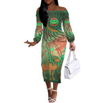 Mauritania Off The Shoulder Long Sleeve Dress - Green Tie Dye Camel and Crescent Moon Flag Design