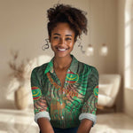Mauritania Women Casual Shirt - Green Tie Dye Camel and Crescent Moon Flag Design