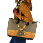 Mauritania Leather Tote Bag - Cute Fennec Fox and Arabic Calligraphy Desert Design