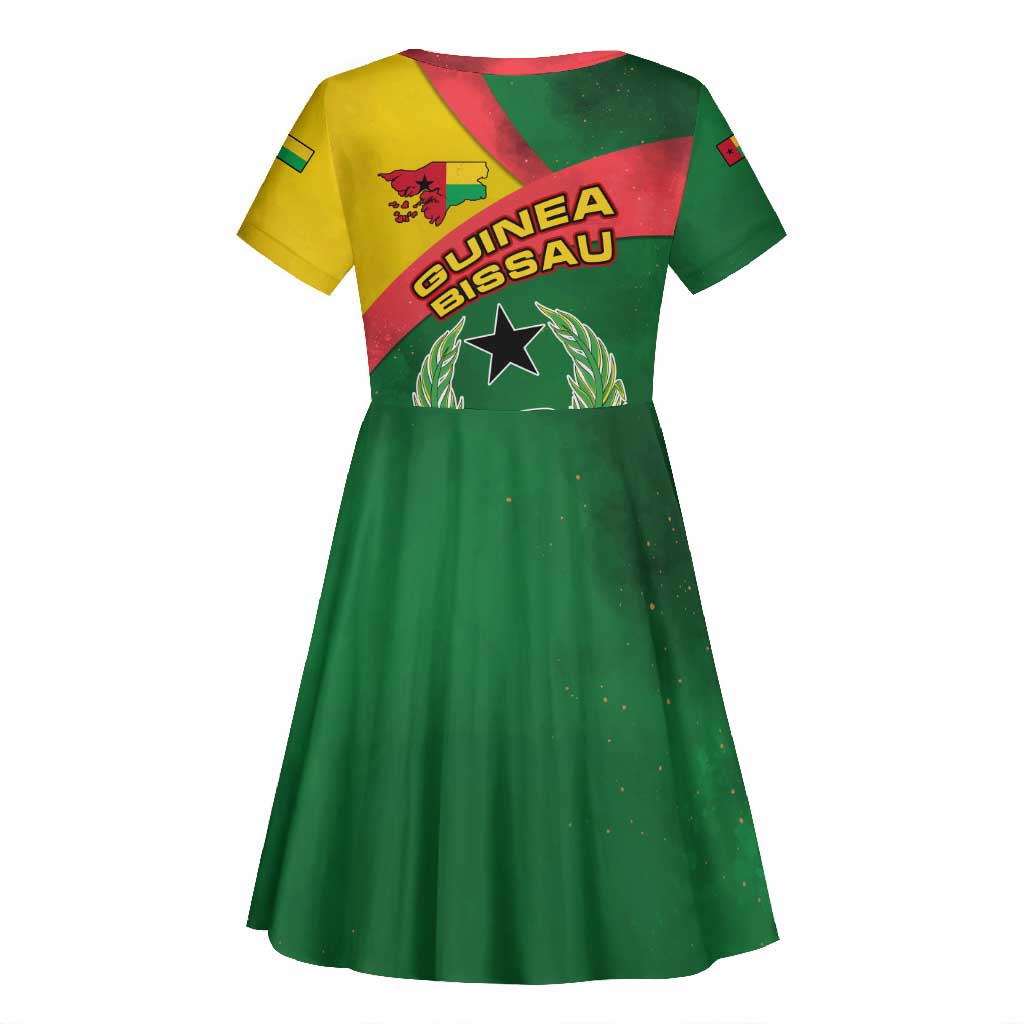 Guinea Bissau Kid Short Sleeve Dress Green Yellow Red Swirl - African Pride