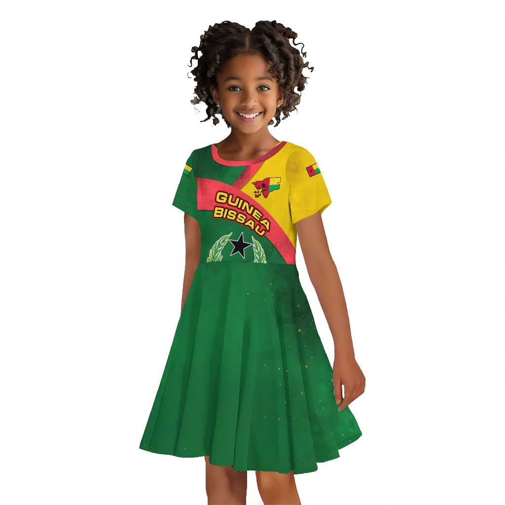 Guinea Bissau Kid Short Sleeve Dress Green Yellow Red Swirl - African Pride