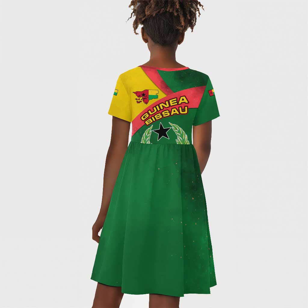Guinea Bissau Kid Short Sleeve Dress Green Yellow Red Swirl - African Pride