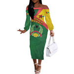 Guinea Bissau Off The Shoulder Long Sleeve Dress Green Yellow Red Swirl - African Pride