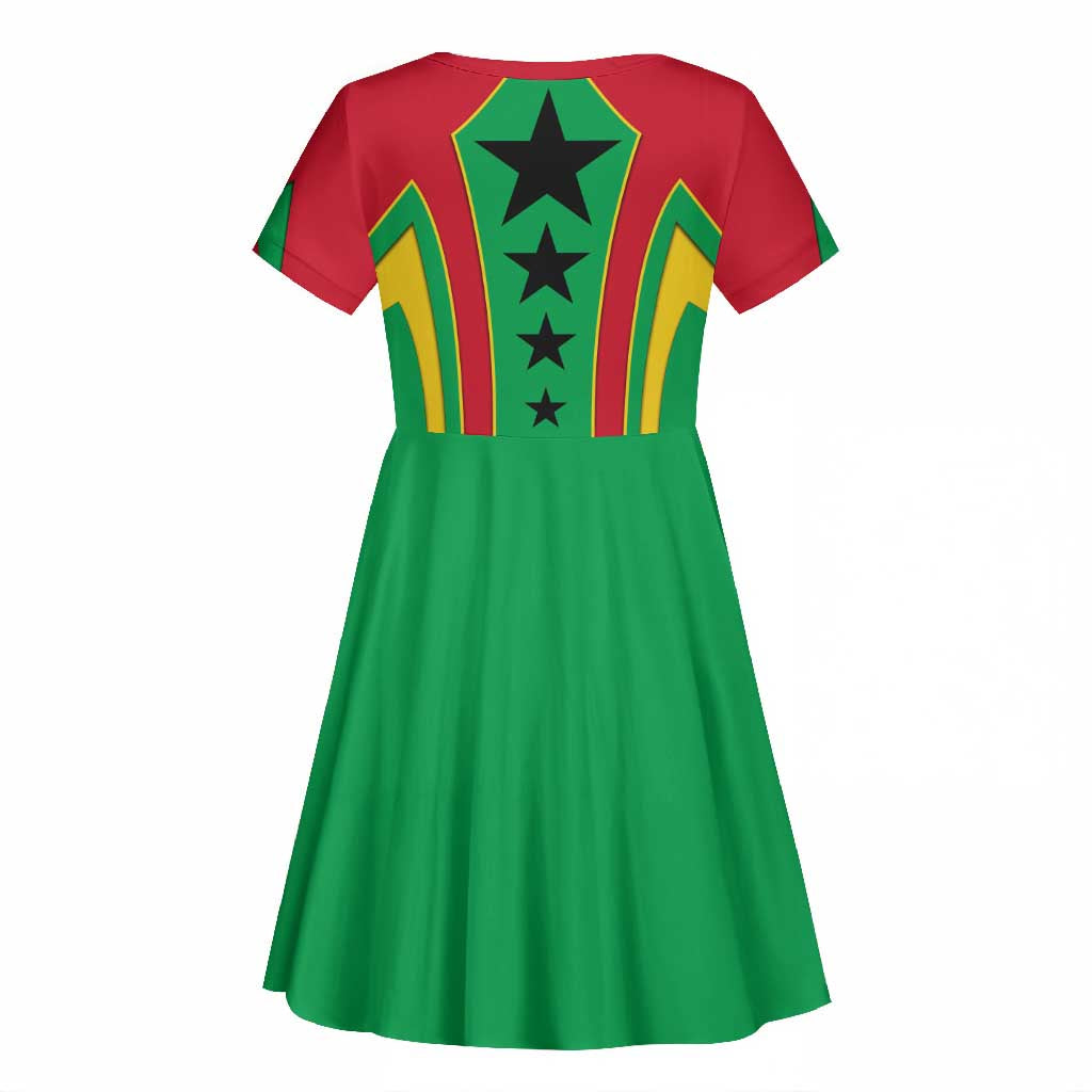 Guinea Bissau Kid Short Sleeve Dress Red Green Yellow Stripe Design and Black Star - African Pride