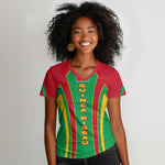 Guinea Bissau Women V-Neck T-Shirt Red Green Yellow Stripe Design and Black Star - African Pride