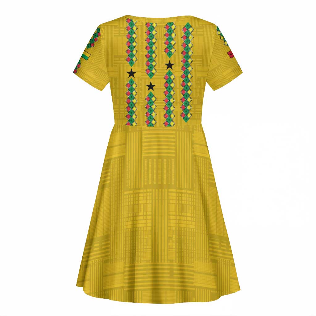Guinea Bissau Kid Short Sleeve Dress Yellow Tribal Geometric Design and National Flag - African Pride