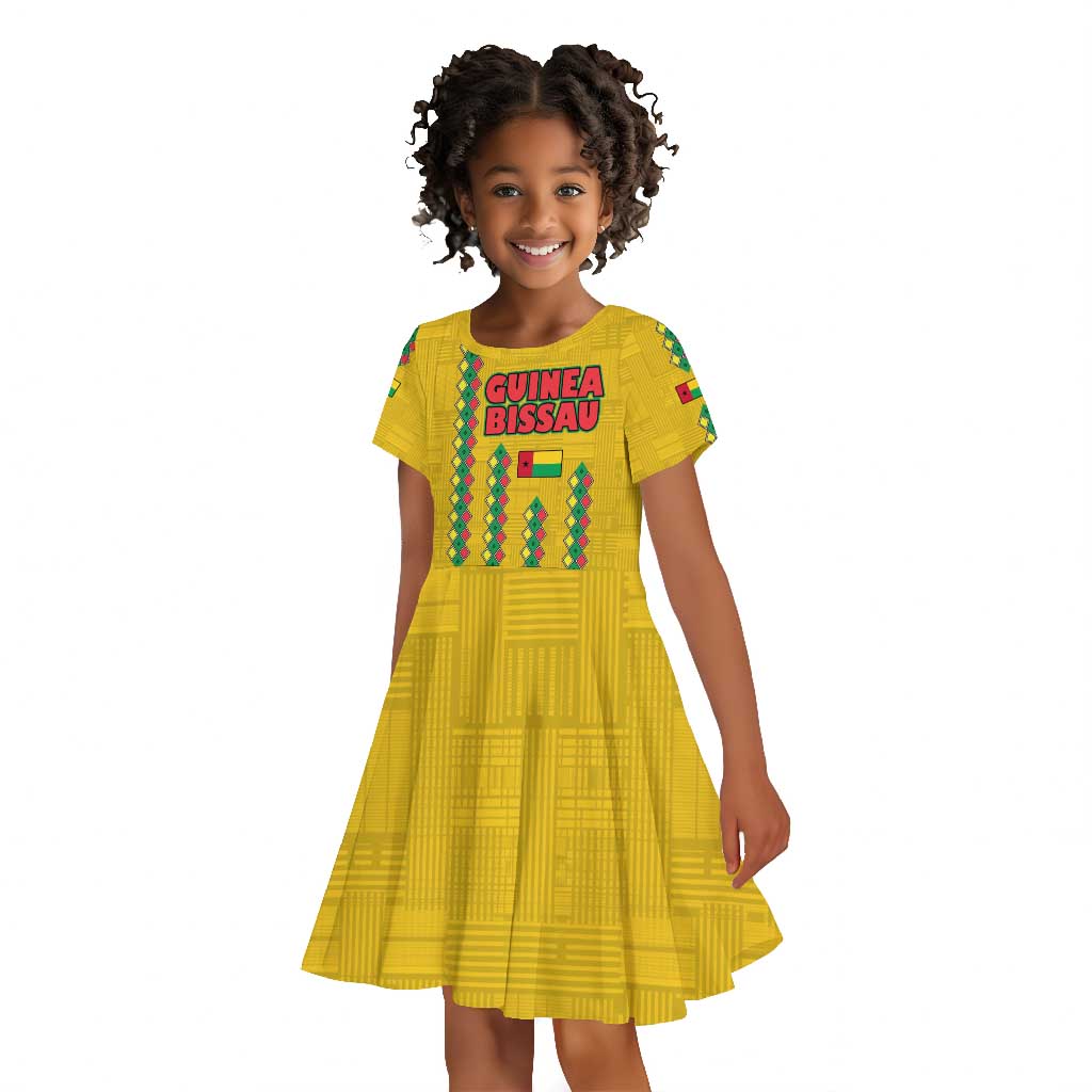 Guinea Bissau Kid Short Sleeve Dress Yellow Tribal Geometric Design and National Flag - African Pride