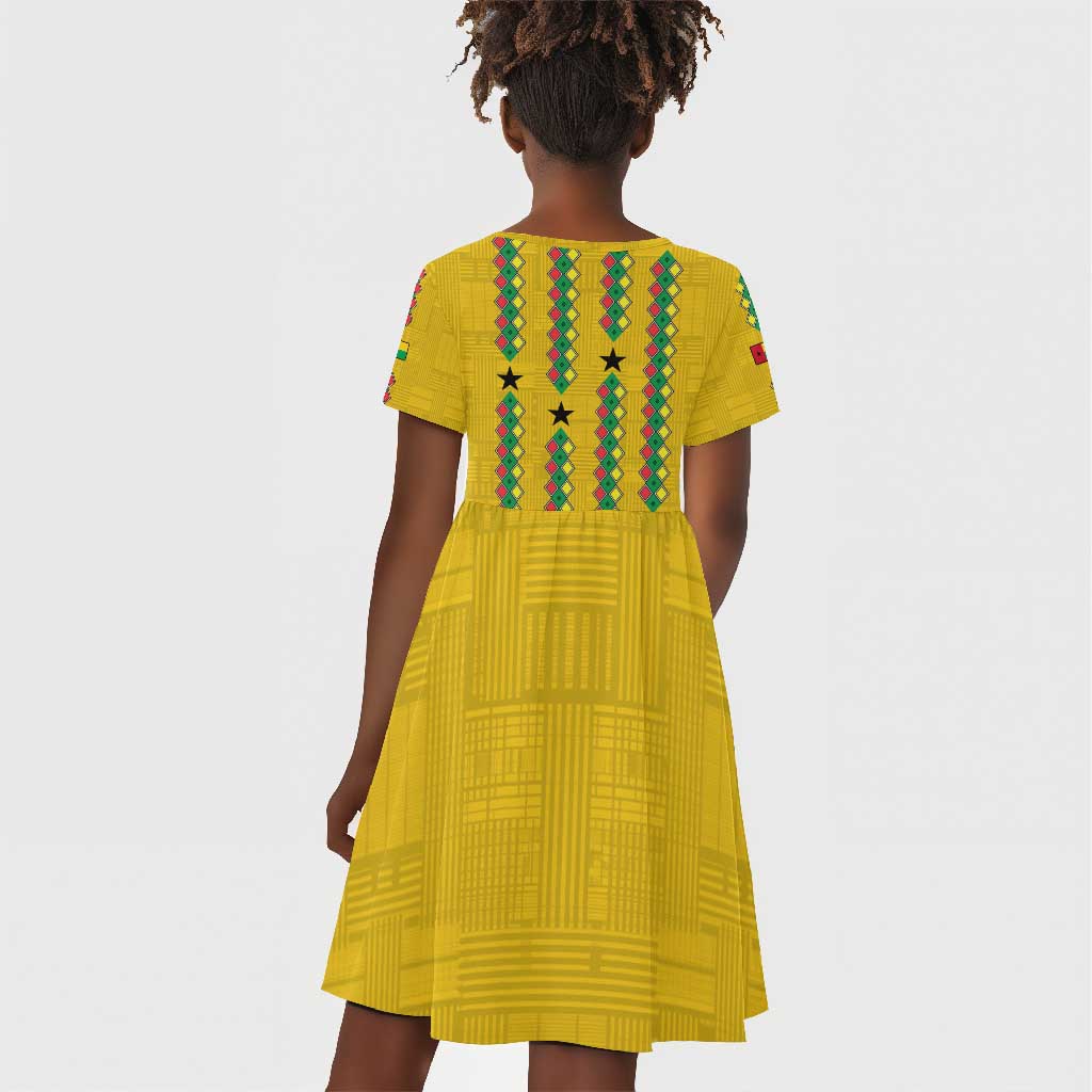 Guinea Bissau Kid Short Sleeve Dress Yellow Tribal Geometric Design and National Flag - African Pride